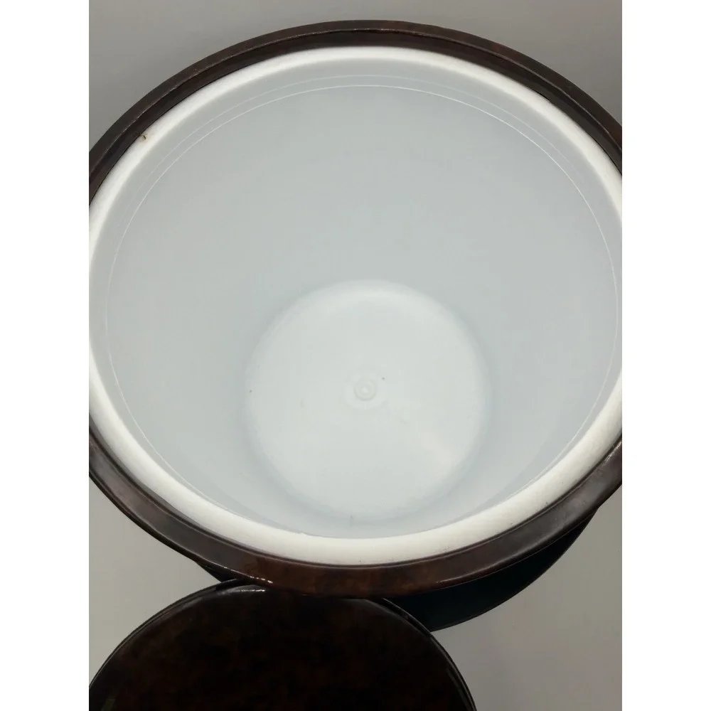 Vintage Faux Burl Wood Ice Bucket Brass Tone MCM Barware Vinyl Woodgrain